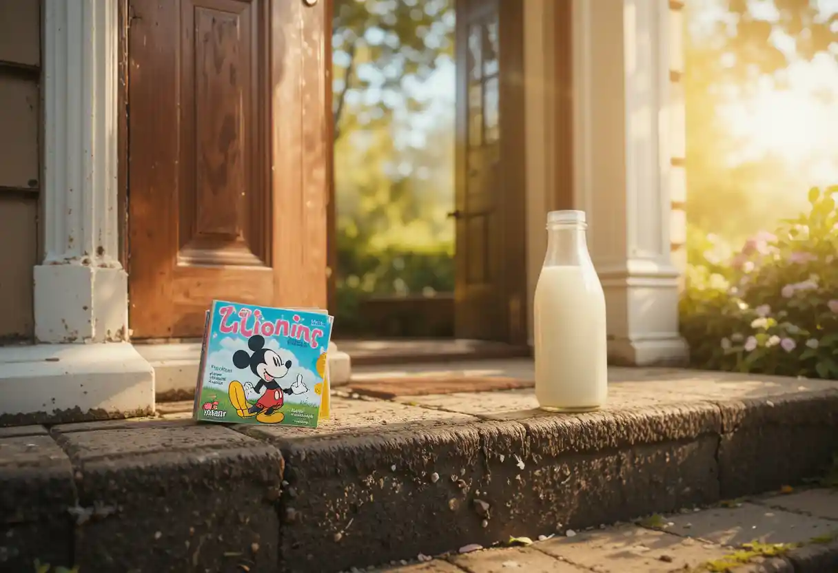 Botella de leche y revista infantil en un umbral soleado