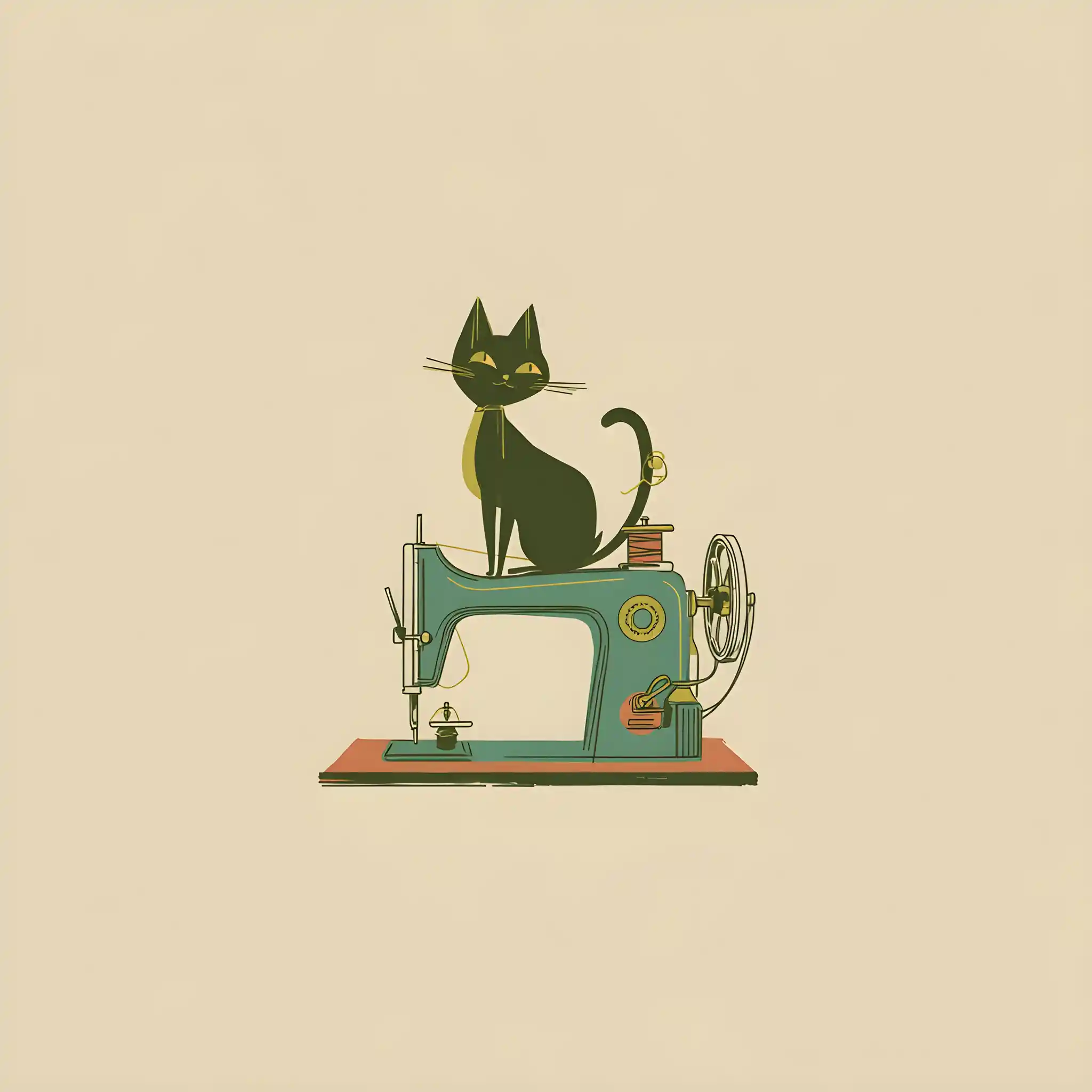 Retro-Katzenlogo auf einer Vintage-Nähmaschine