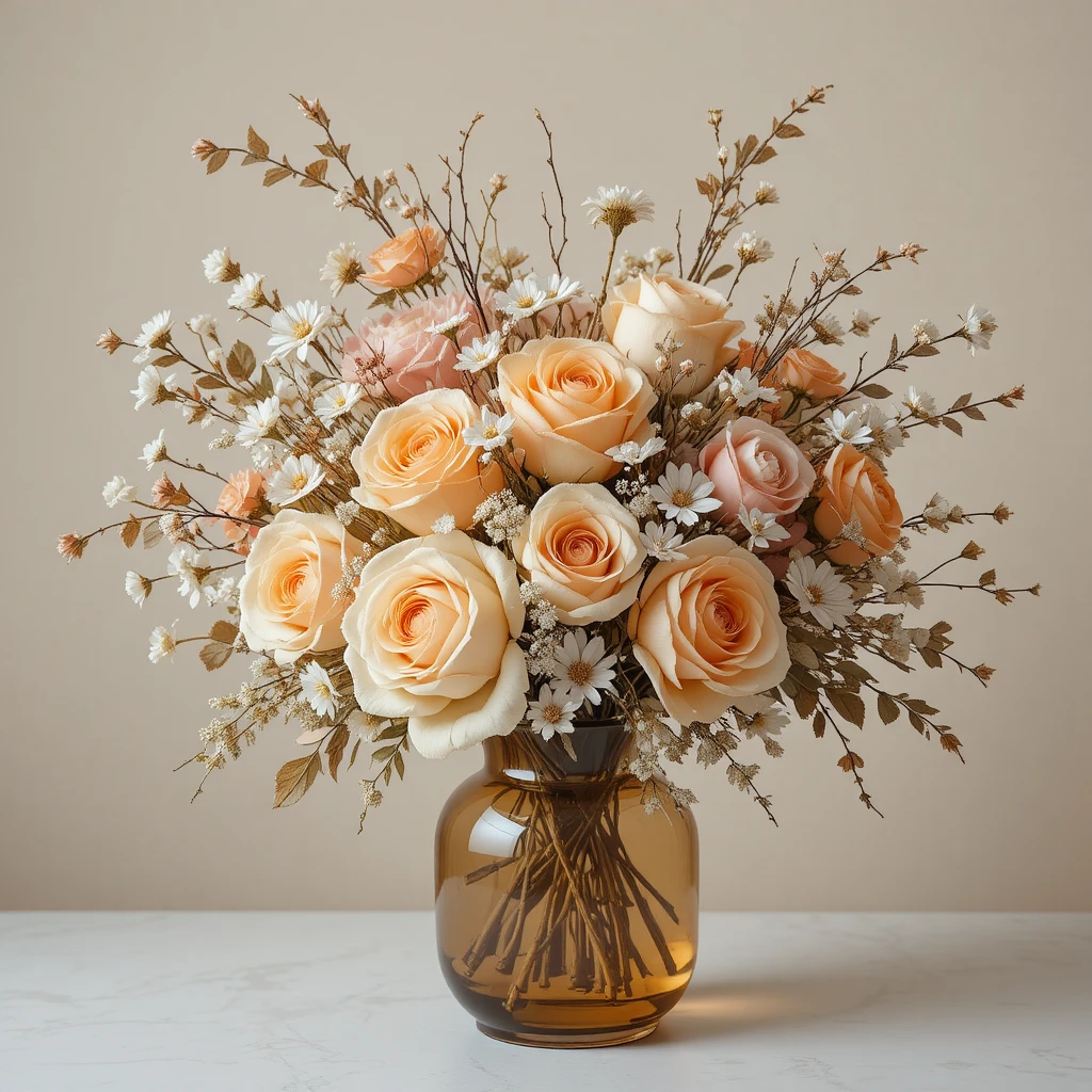 Romantischer Blumenstrauß in einer bernsteinfarbenen Glasvase vor pastellfarbenem Hintergrund