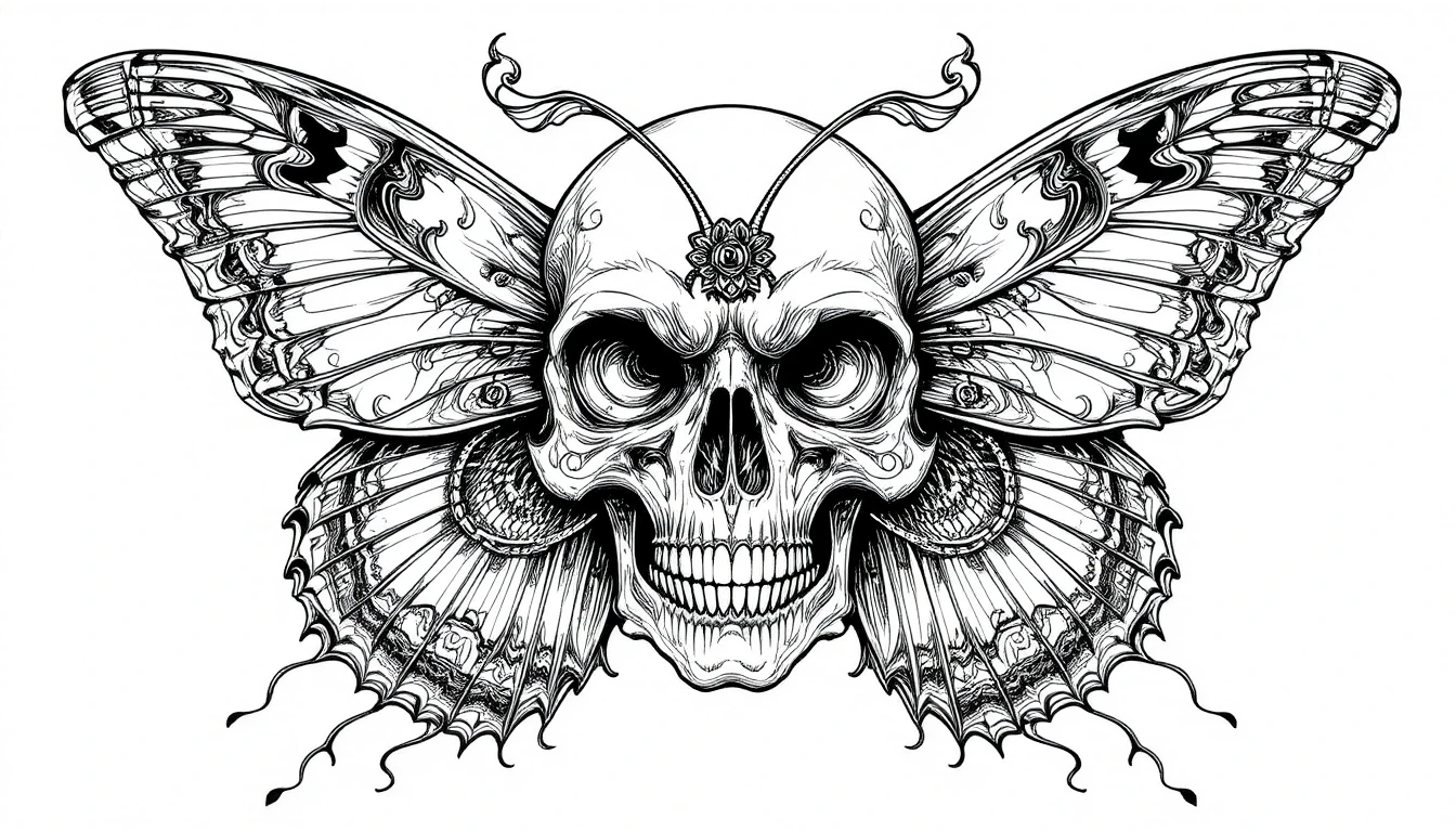 Art linéaire de papillon gothique avec crâne pour coloriage adulte