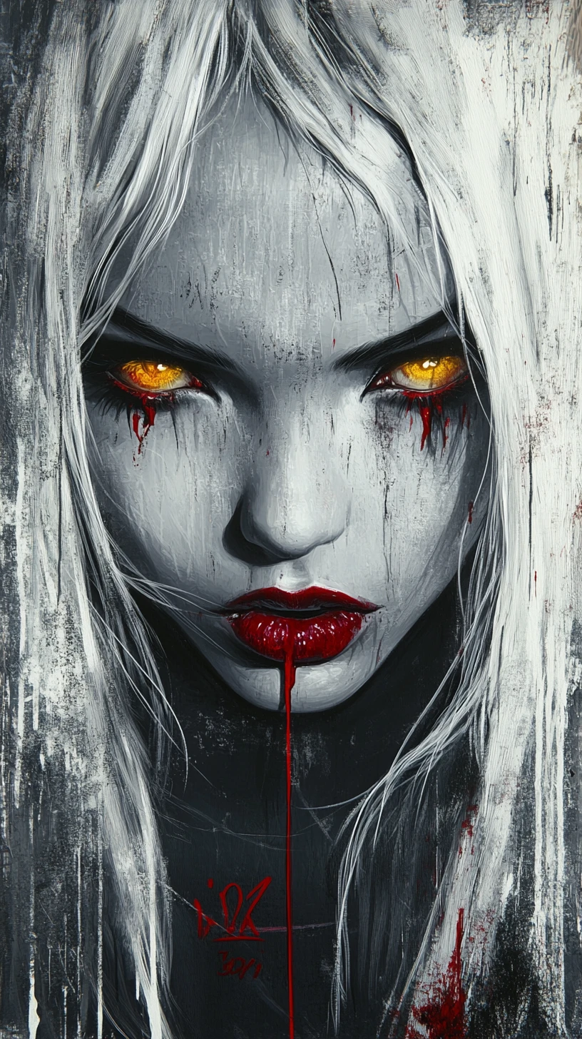 White haired woman with golden eyes and bloodied lips