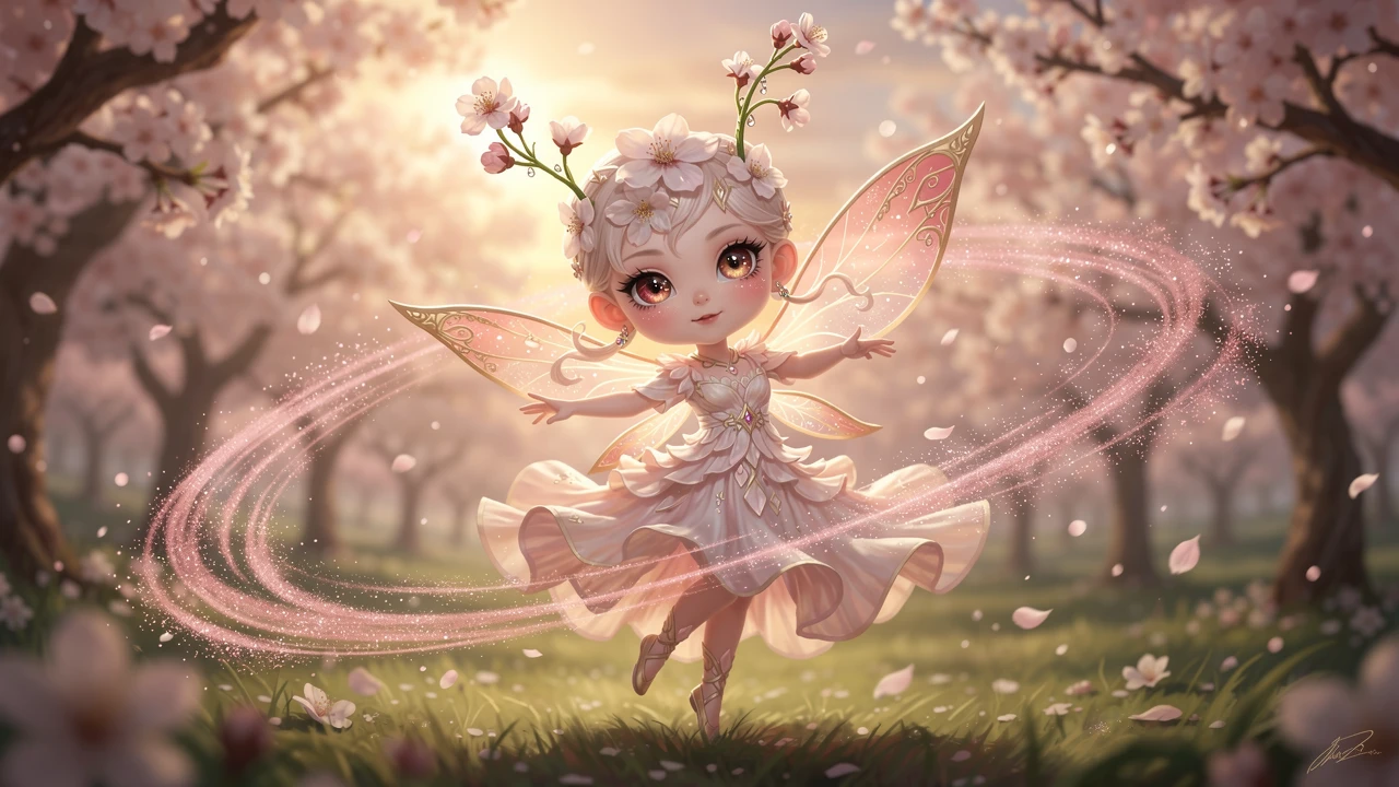 Kirschblütenfee tanzt im sonnenbeschienenen Obstgarten