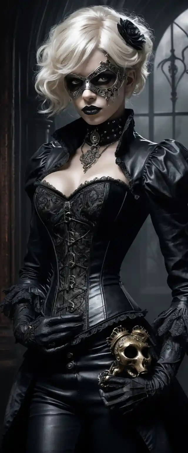 Masked dark haired woman holding a steampunk toad