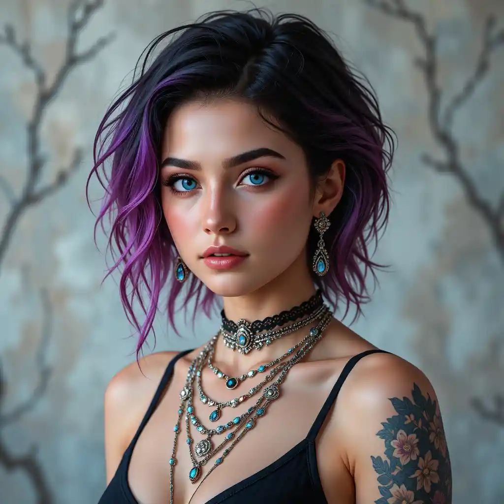 Young woman with colorful short hair and silver jewelry