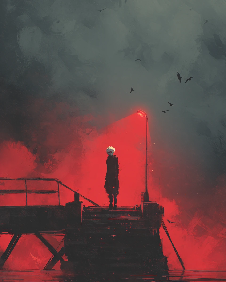 Young man under red streetlamp on a misty pier