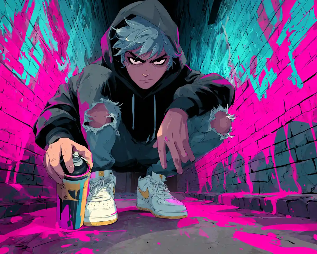 Artista di graffiti in stile anime che dipinge un gatto al neon in un vicolo