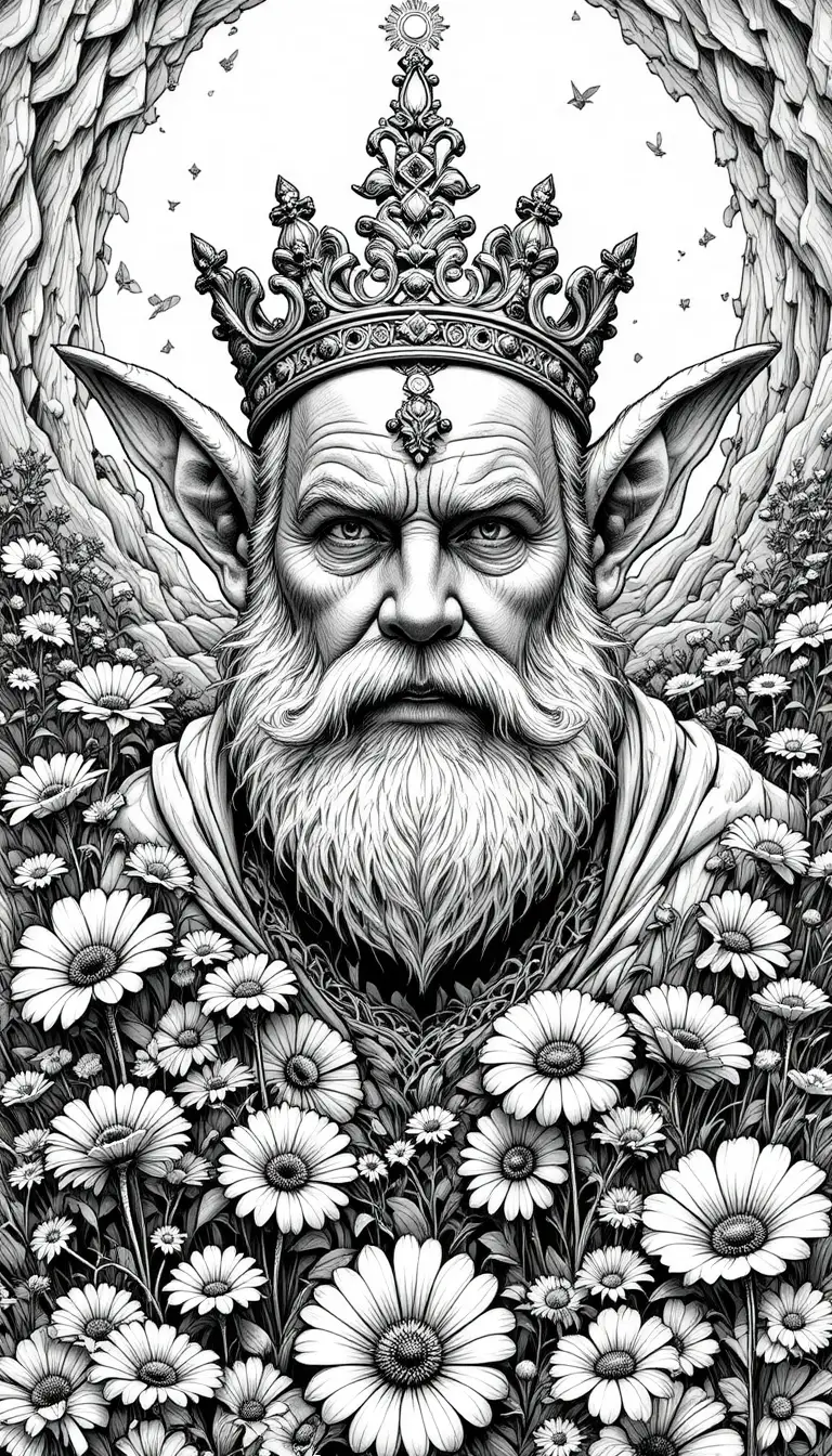 Vieil homme barbu avec une couronne parmi des fleurs détaillées
