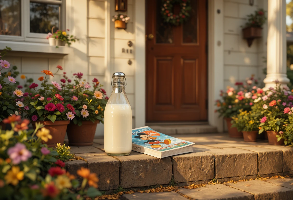 Vintage-Milchflasche auf sonniger Hausstufe mit Magazin