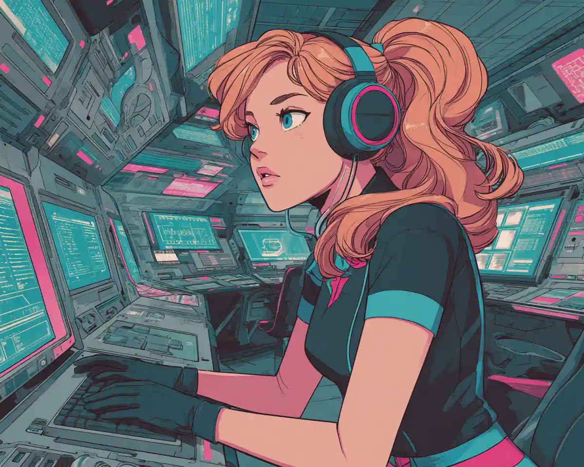 Anime girl at neon lit spaceship control workstation