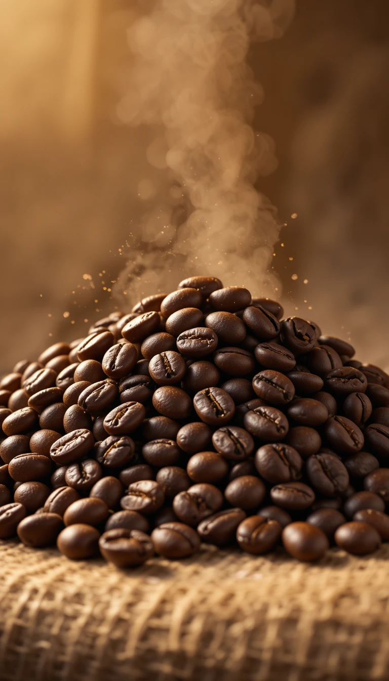 Geröstete Kaffeebohnen auf Jute im warmen, weichen Licht