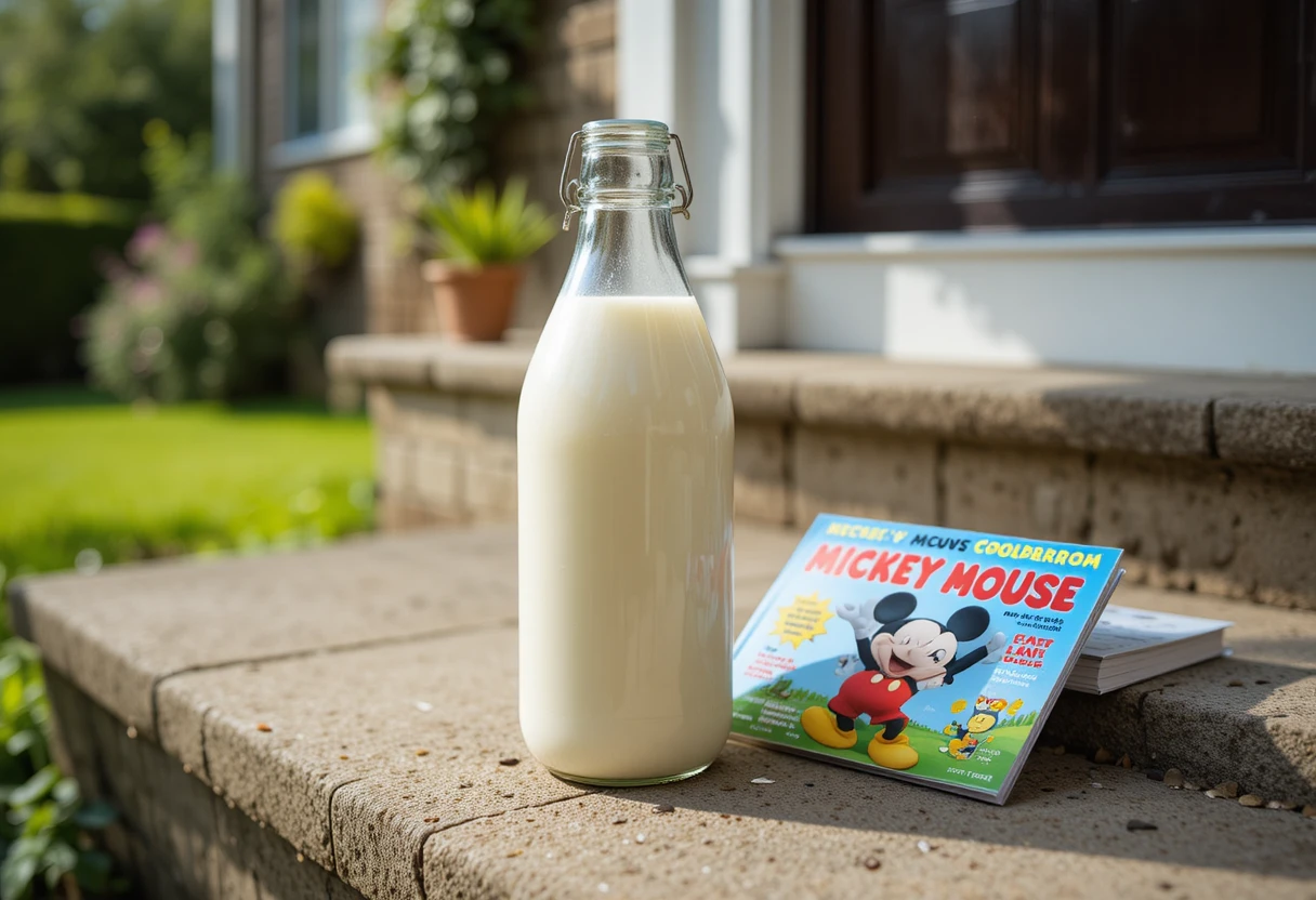 Milchflasche und Kindermagazin auf einer sonnigen Türschwelle
