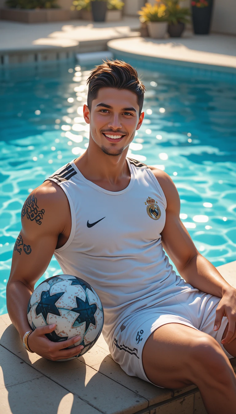 Soccer player relaxing by a bright pool with a ball