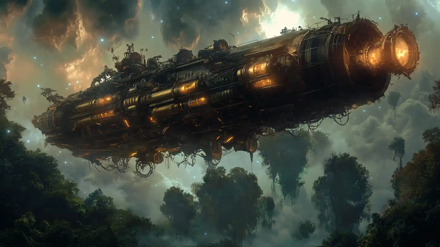 Dirigível steampunk sobre um céu luminoso de selva alienígena