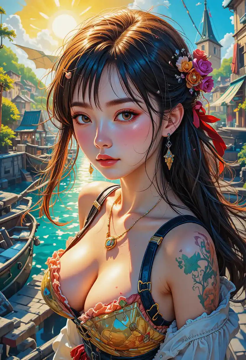 Anime pirate girl portrait in a sunny harbor scene