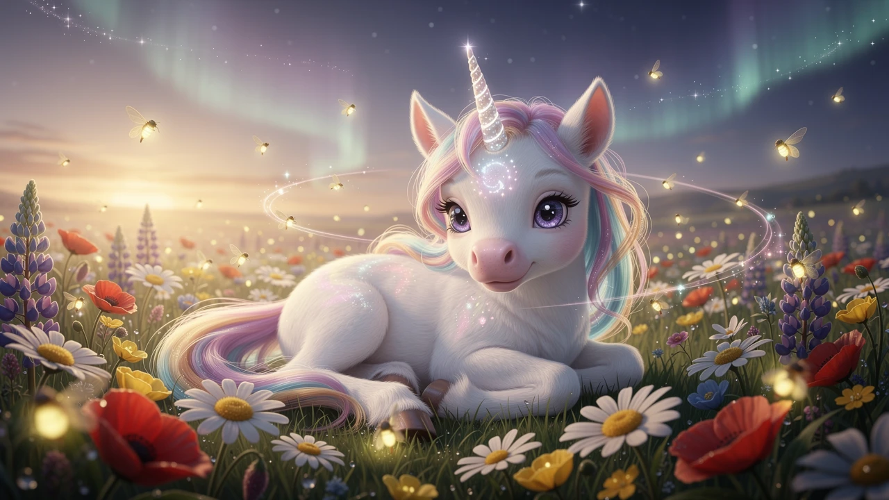 Baby-Einhorn, das sich in einer leuchtenden Fantasie-Blumenwiese ausruht