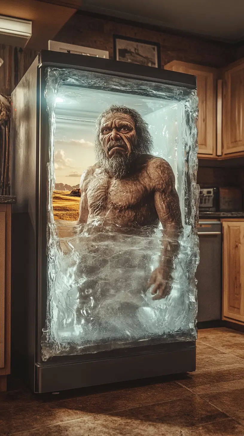 Caveman Frozen In Ice Inside A Modern Kitchen Freezer