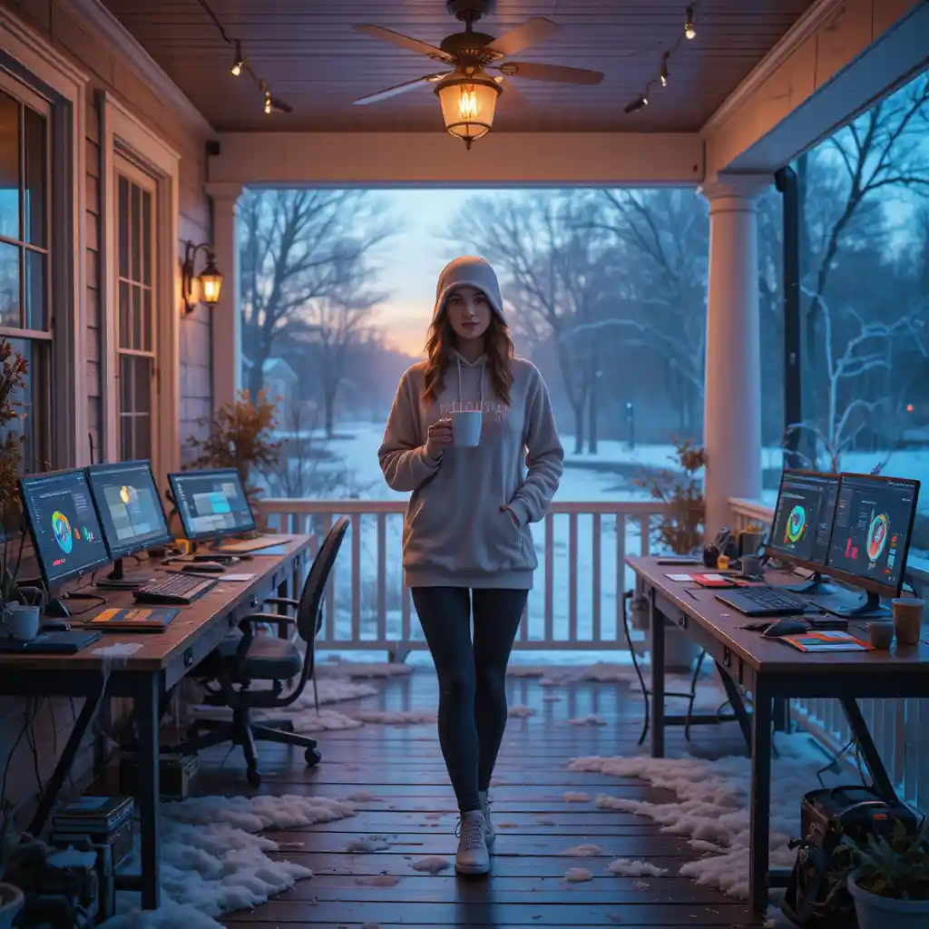 Confident Woman On Winter Porch Tech Command Center At Sunrise