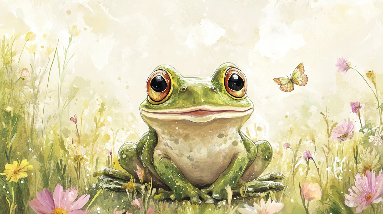 Adorável filhote de sapo em um prado ensolarado em aquarela