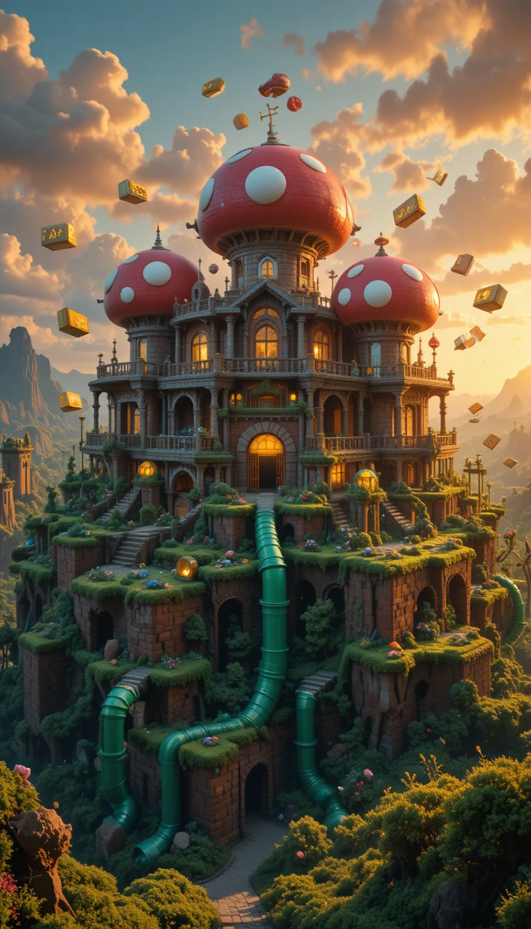 Mansão voxel surreal com cogumelos gigantes ao pôr do sol