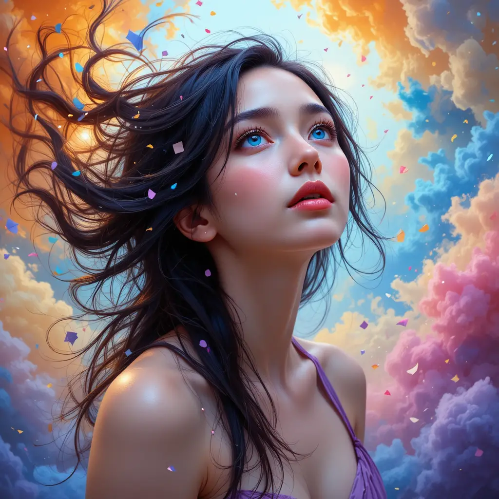 Jeune femme dans un portrait numérique de fantaisie coloré et onirique