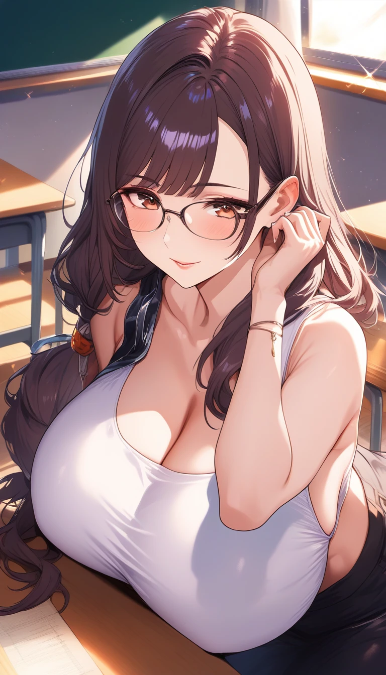 Close up of Asian woman teacher in classroom with glasses