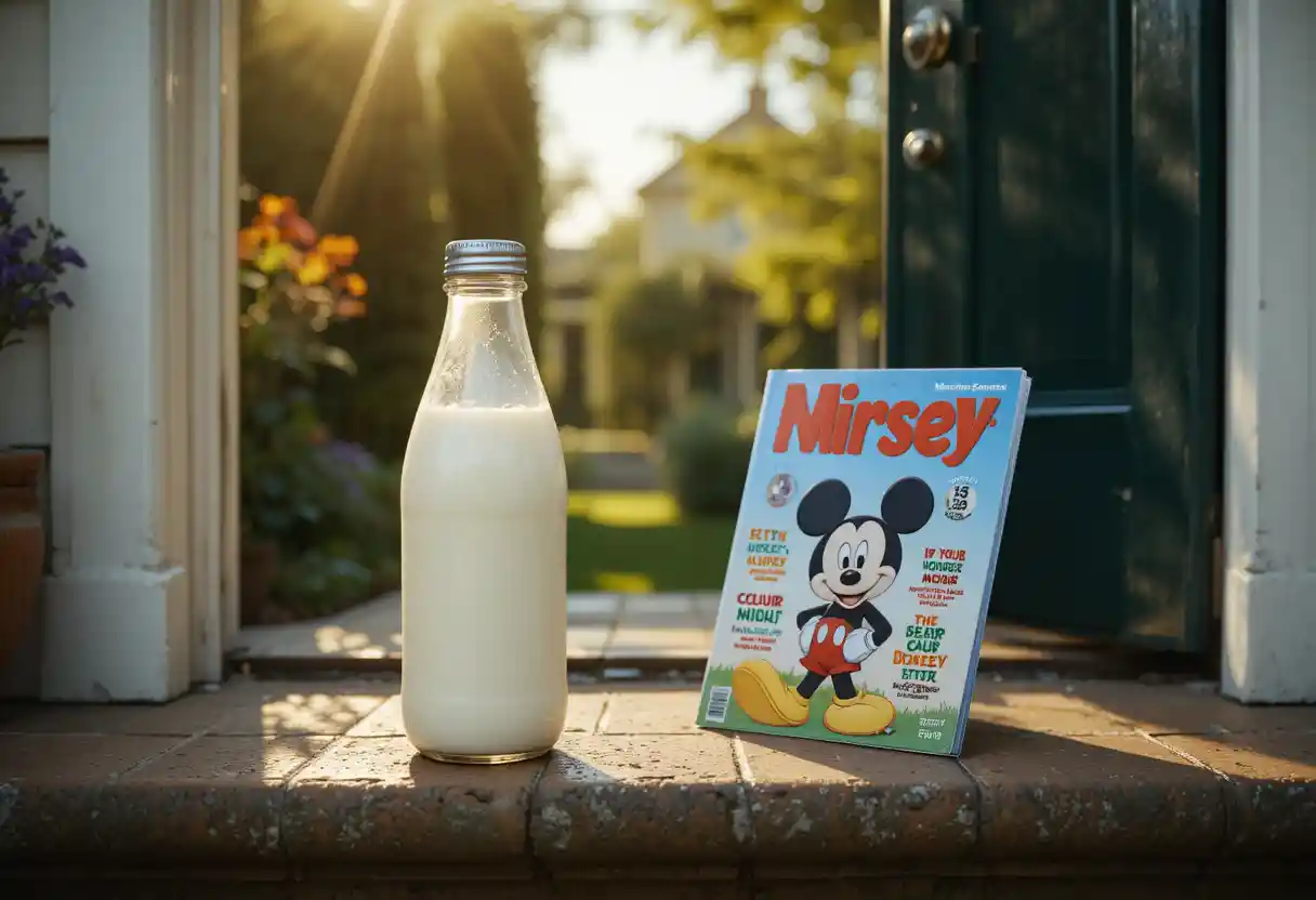 Botella de leche y revista infantil en el soleado umbral de una casa