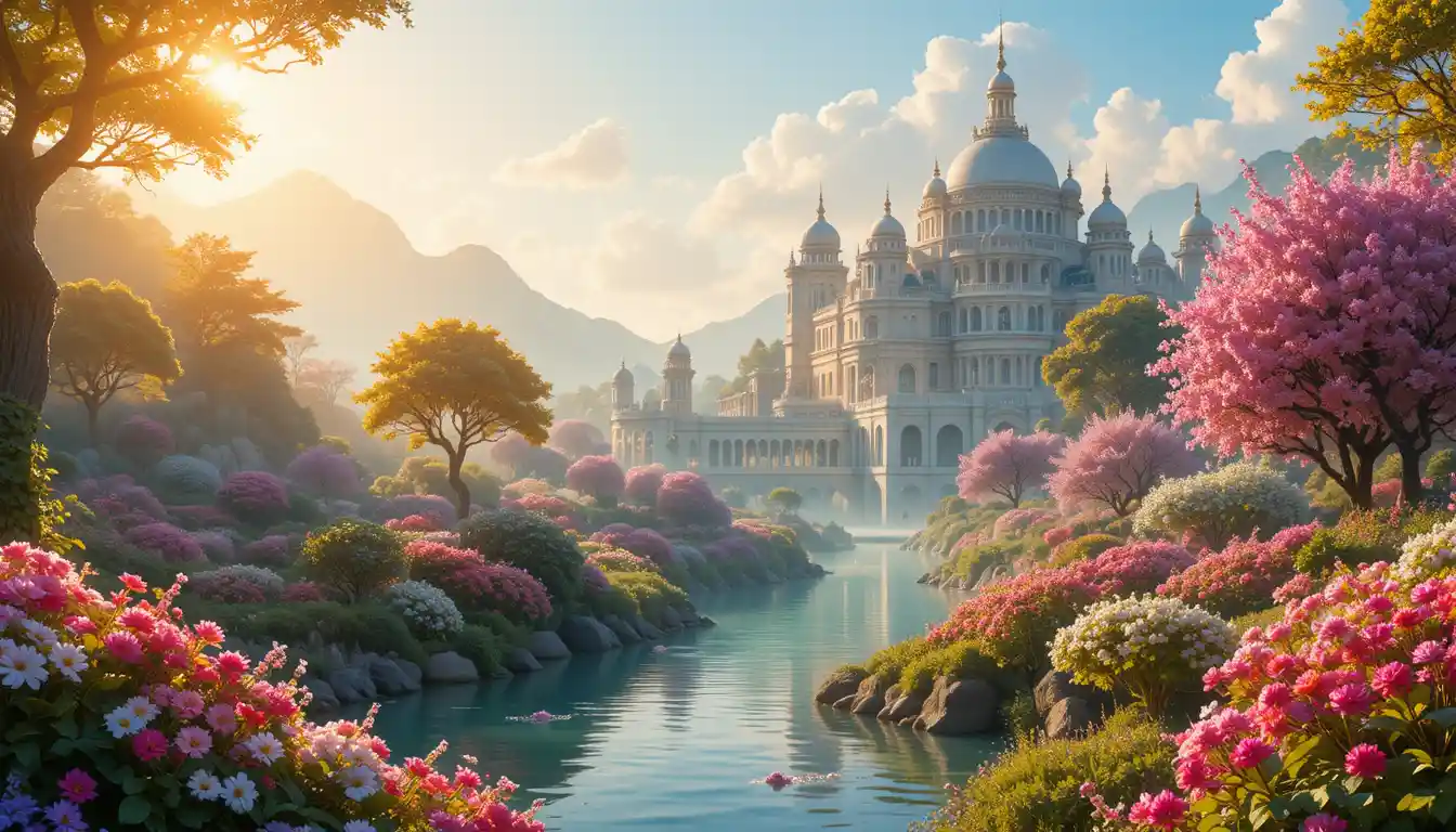 Palazzo dorato accanto a un fiume tranquillo in fiore