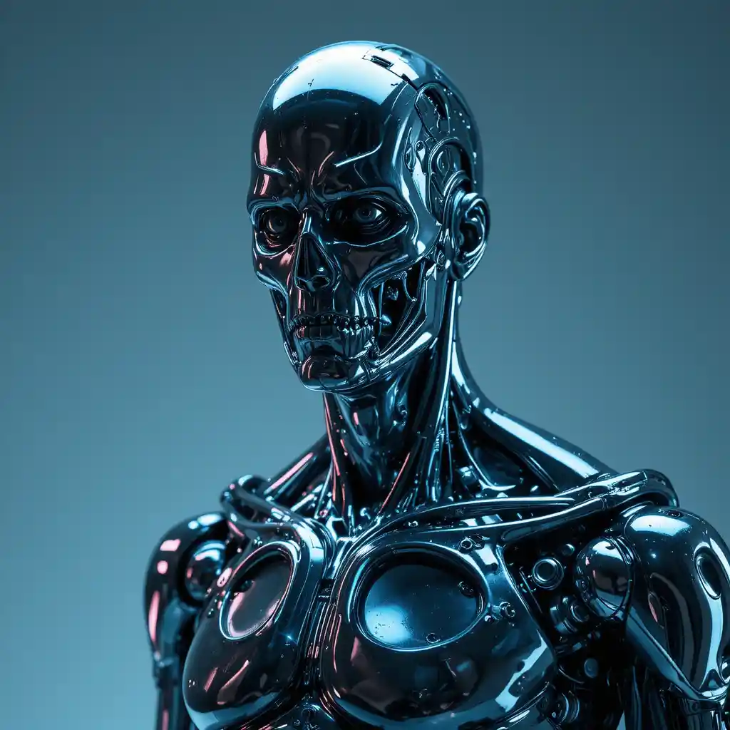Android umanoide metallico con illuminazione da studio cinematografica fredda