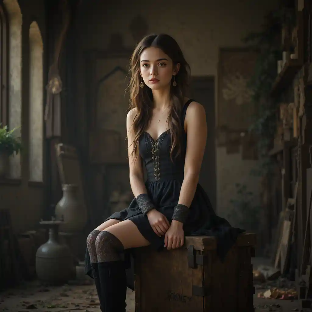 Young woman seated on a wooden box in warm fantasy light