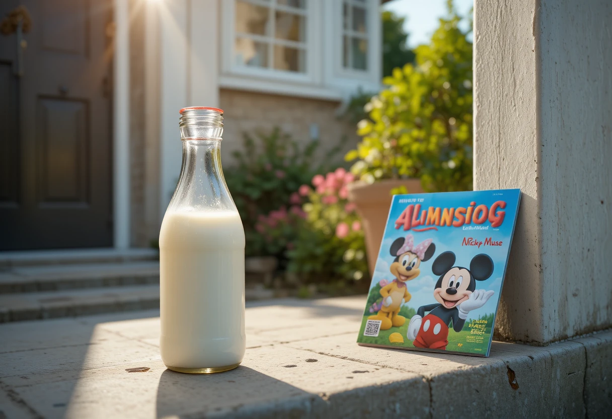 Milchflasche und Kindermagazin auf einer sonnigen Türschwelle