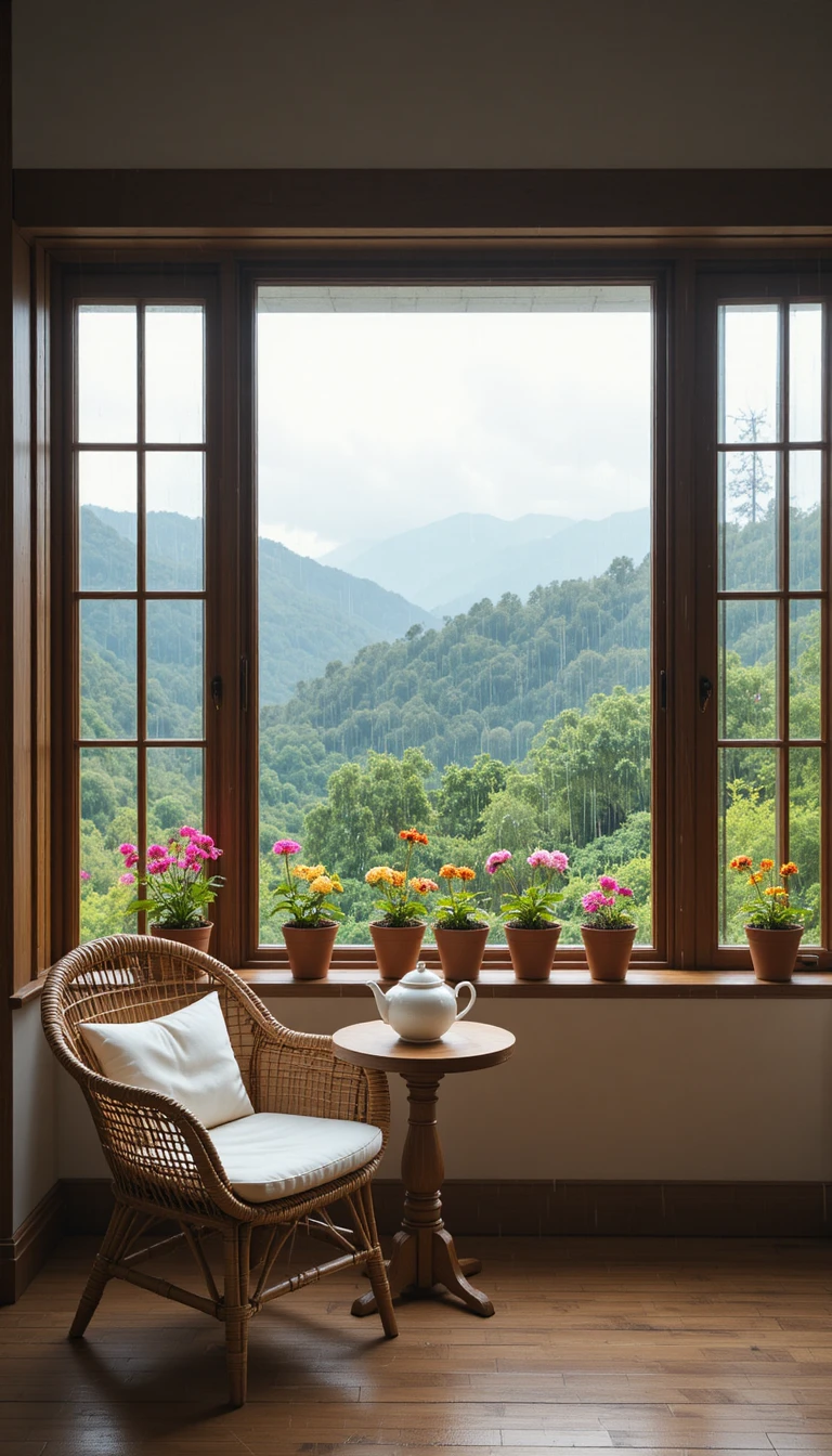 Cozy armchair reading nook by a rainy mountain window