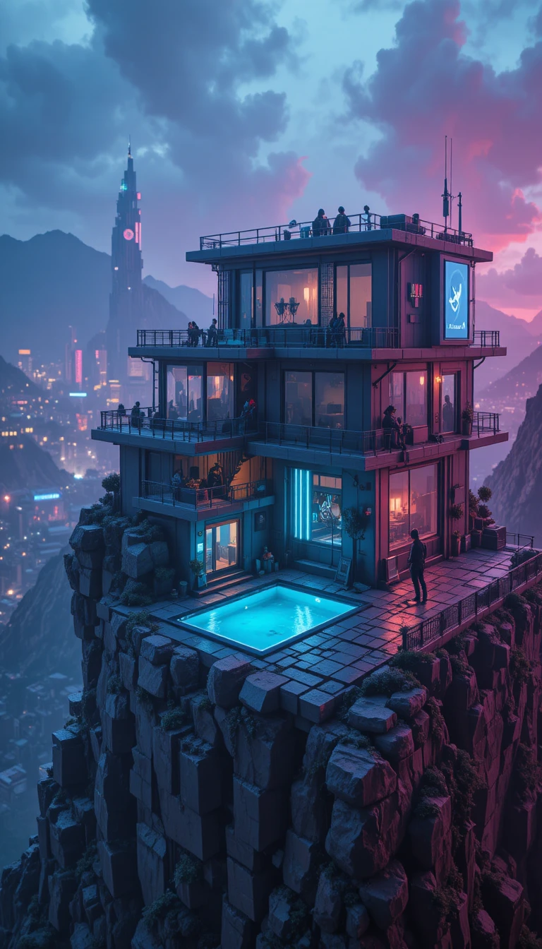 Vila gamer futurista em voxels com vista para uma cidade neon brilhante