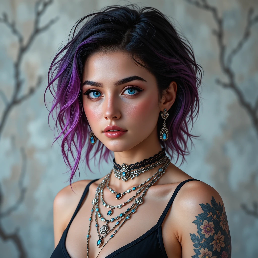 Young woman with colorful short hair and silver jewelry