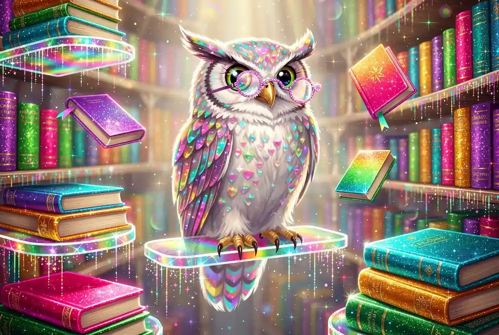 Coruja majestosa em uma biblioteca fantástica de arco‑íris brilhante