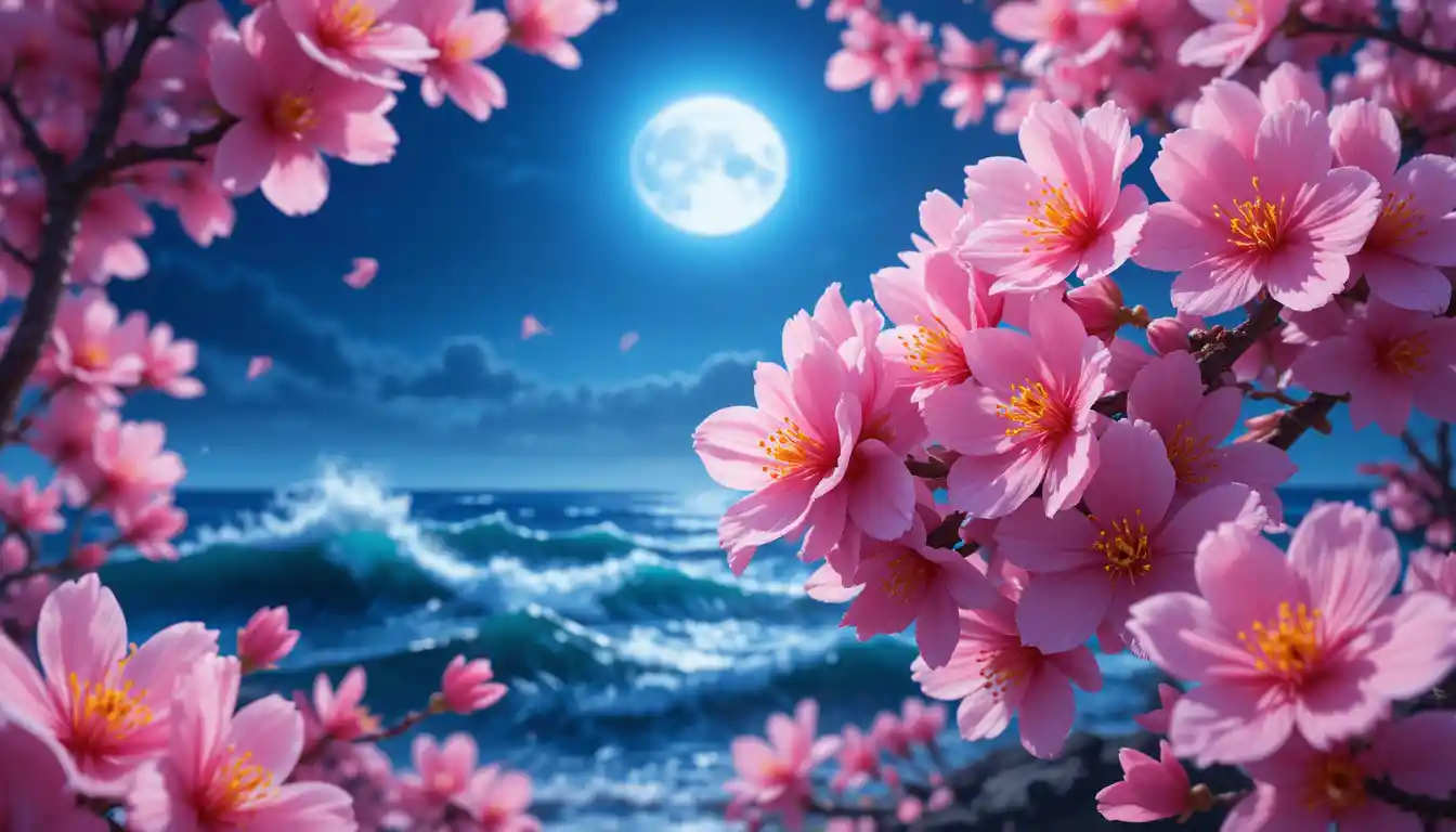 Fiori di ciliegio sopra onde oceaniche al chiaro di luna in arte digitale
