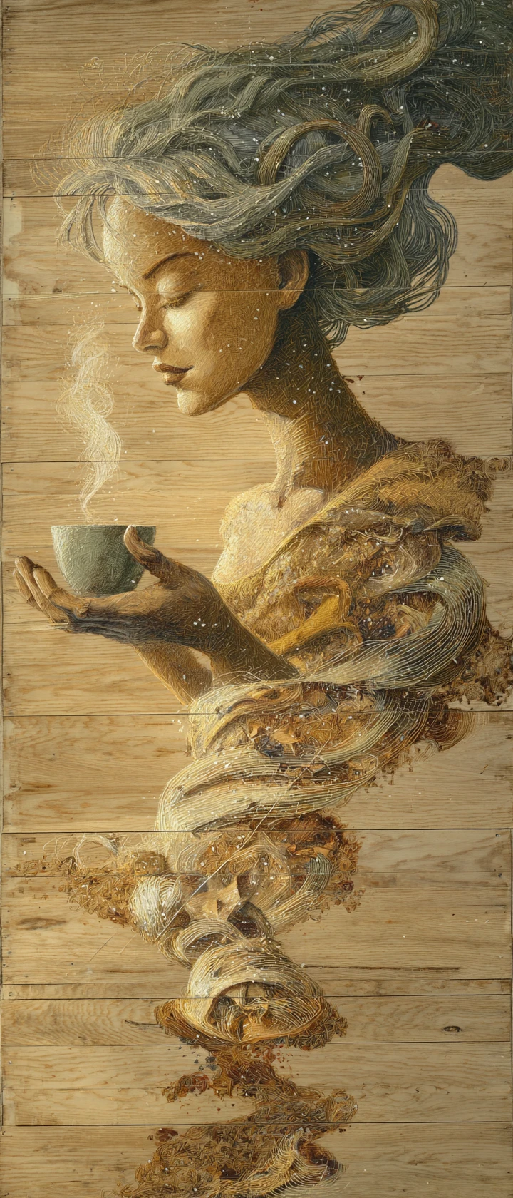 Magical woman dissolving into symbols of domestic warmth