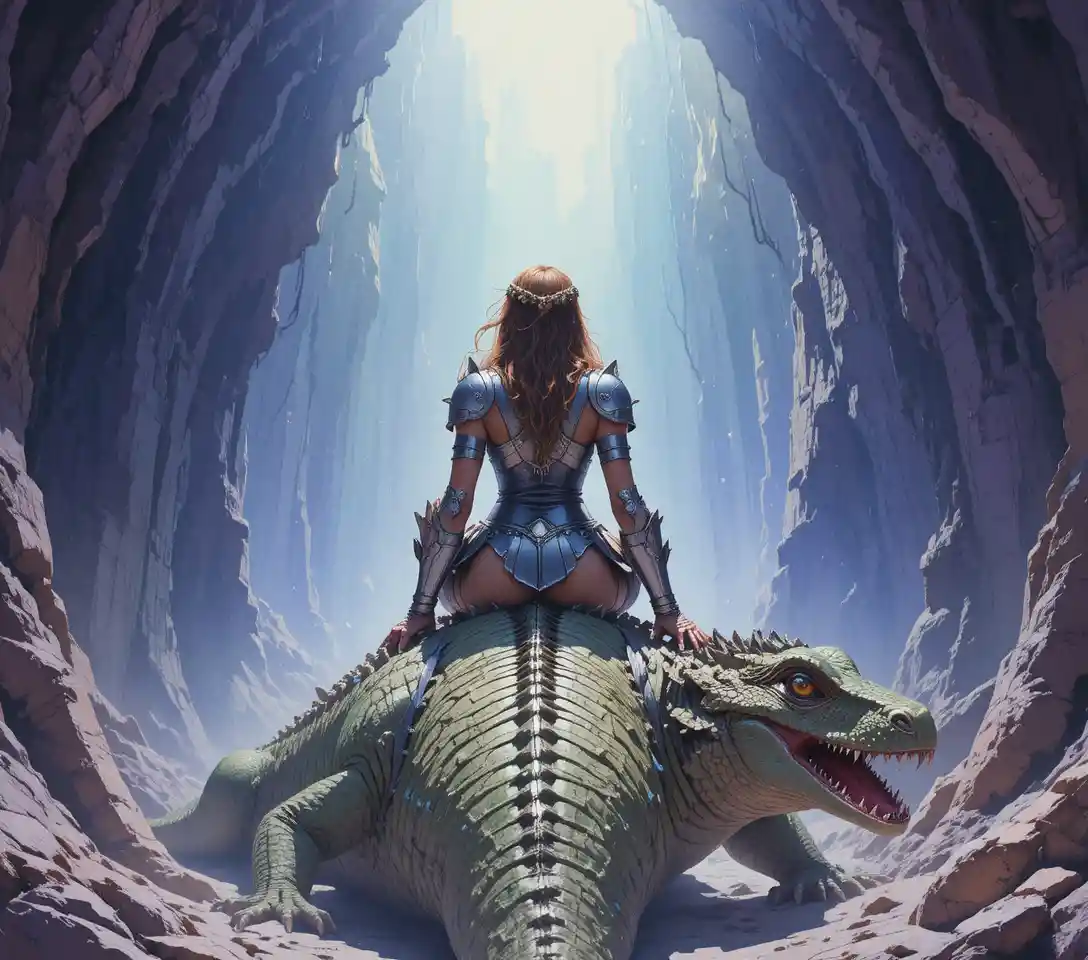 Armored warrior woman standing over a golden reptilian monster