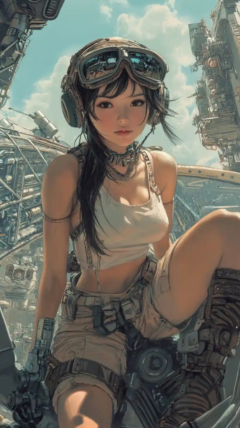 Chica de anime retro en aerodeslizador azul sobre colinas soleadas