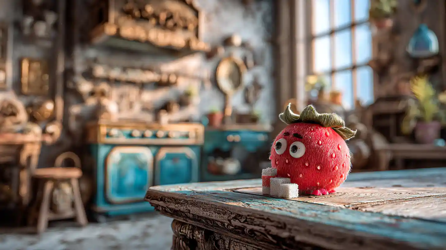 Whimsical strawberry eating sugar cube in a vintage kitchen