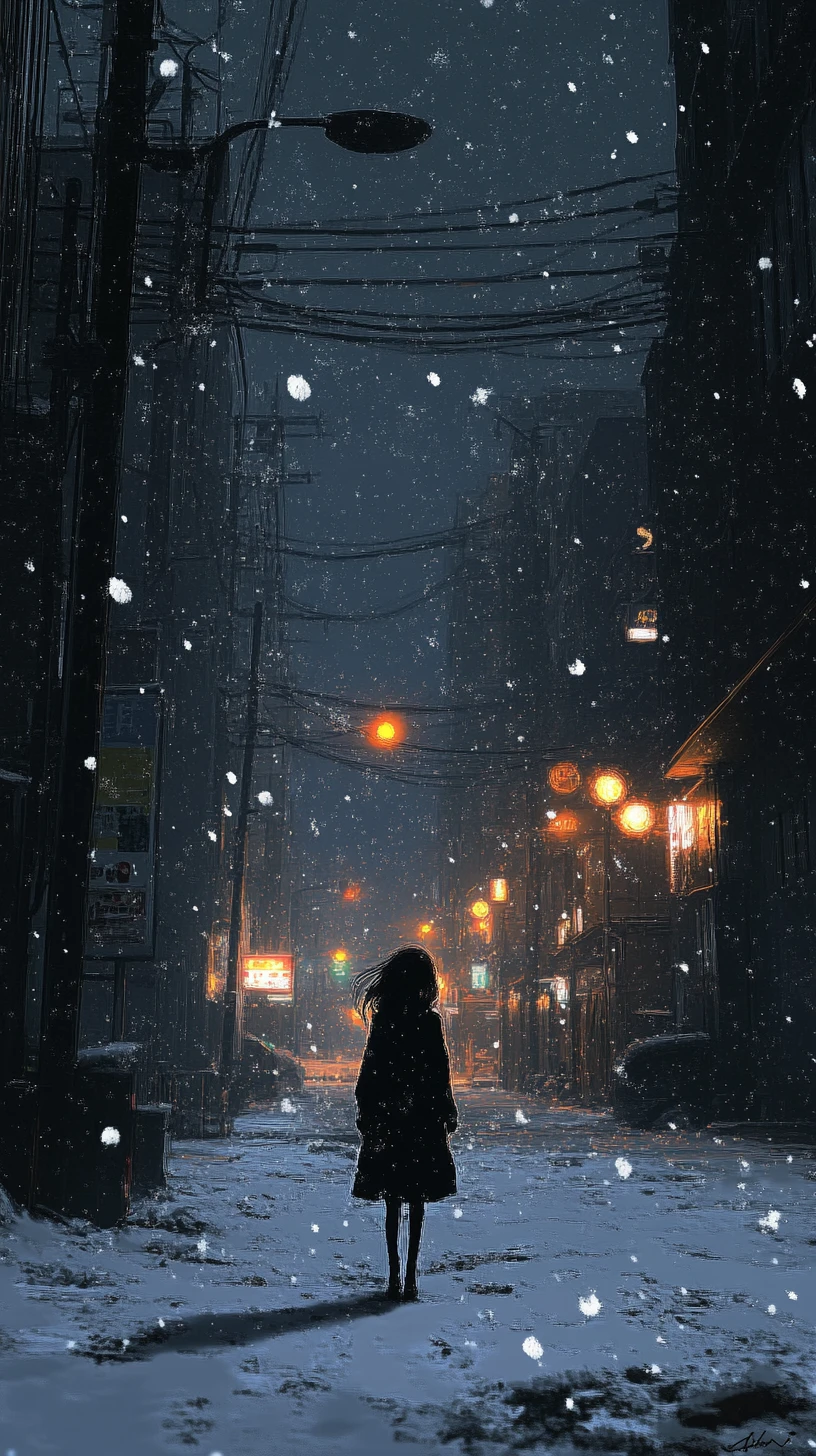 Ragazza anime che trema in un oscuro paesaggio innevato dell’orrore