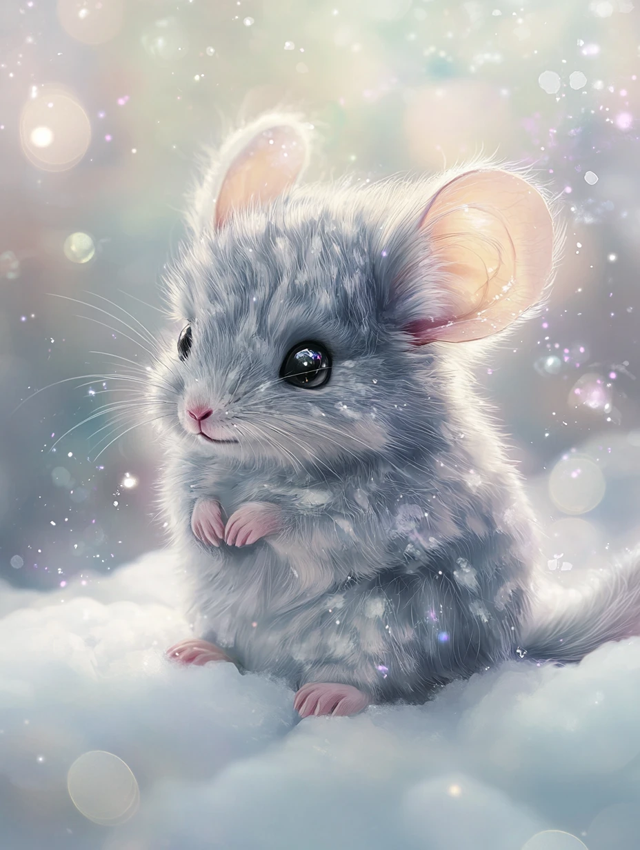 Cute baby chinchilla on a soft dreamy pastel cloud