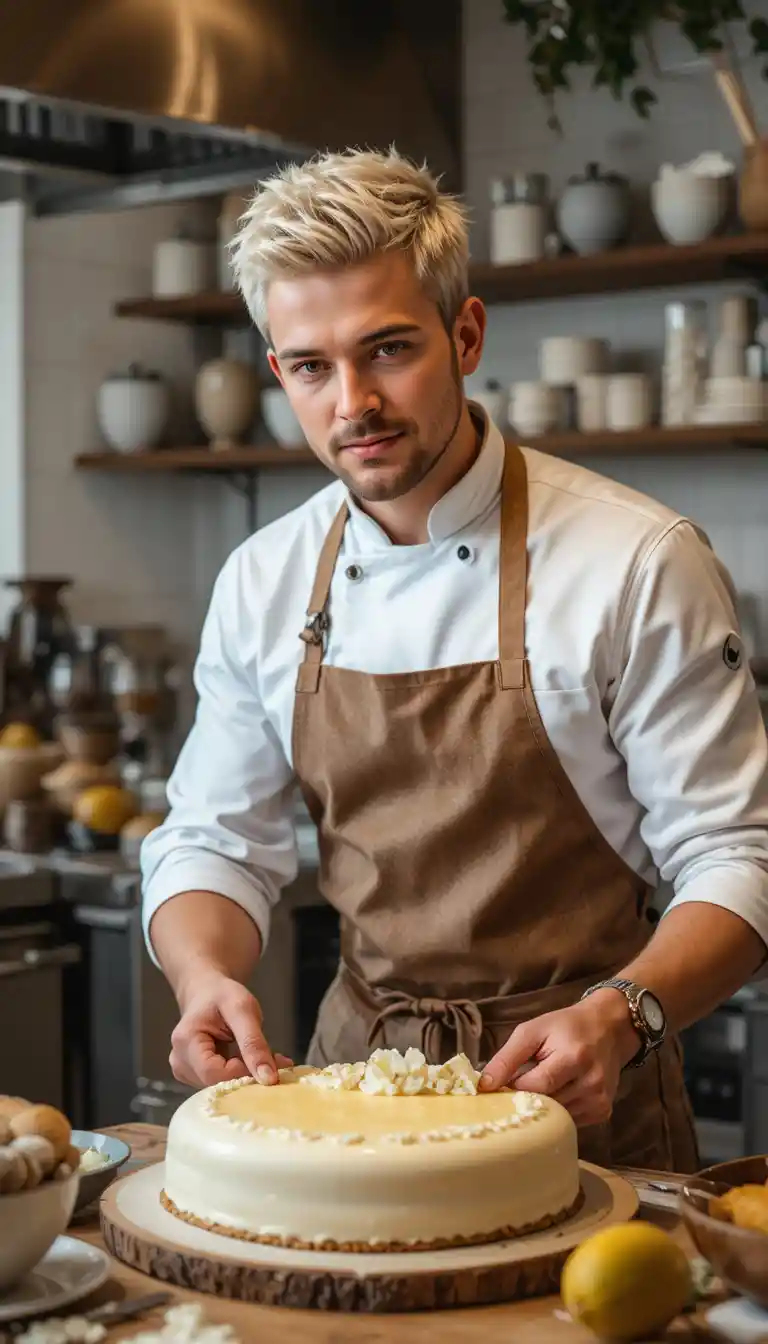Pastry chef preparing lemon pie with whipped cream