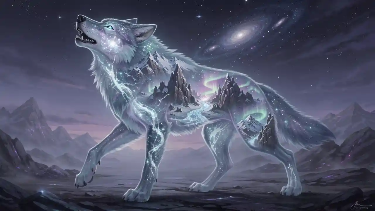 Lobo Colossal Translúcido Cruzando uma Planície Iluminada por Estrelas