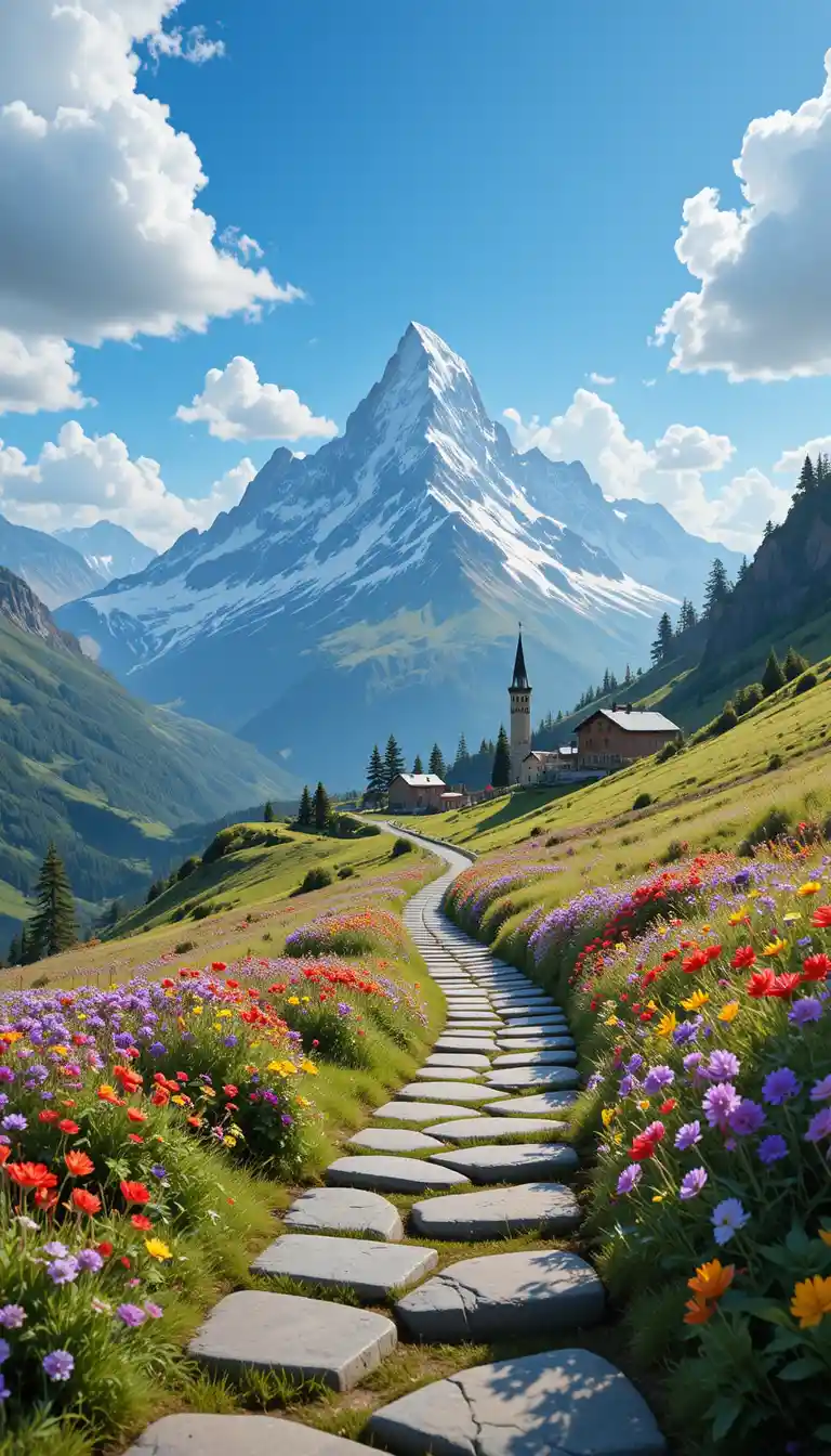 Winding stone path through wildflowers to alpine village