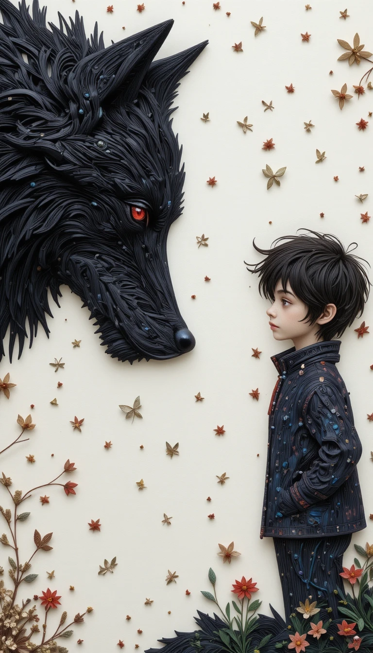 Menino e lobo negro se encaram em colagem de quilling