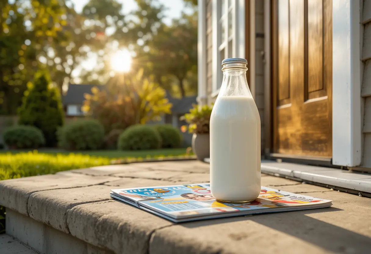 日なたの庭の玄関先に置かれた牛乳瓶と子ども向け雑誌
