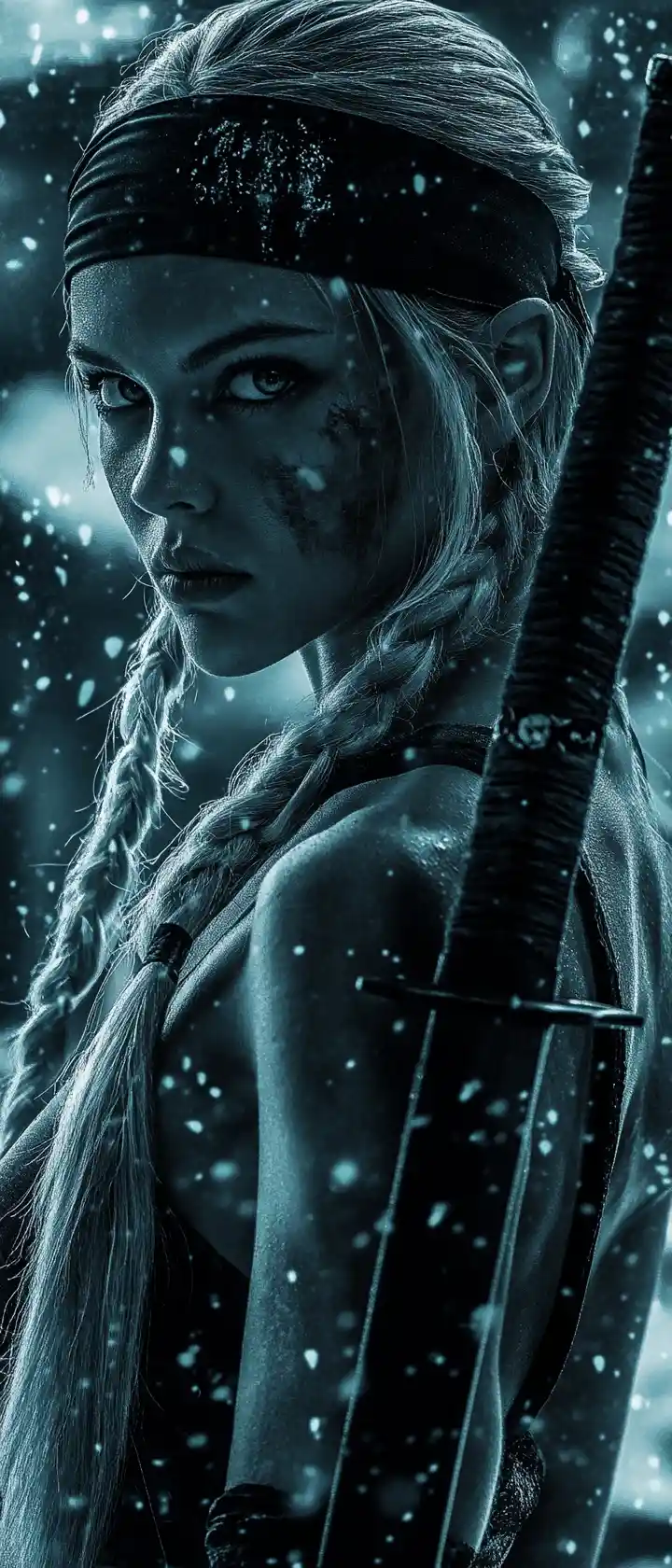 Blonde warrior woman with katana in snowy night scene