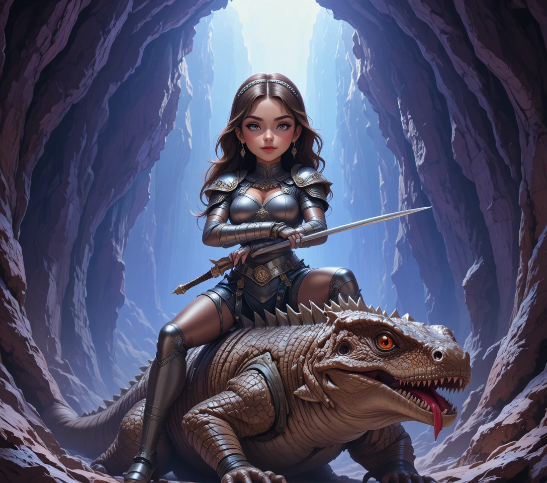 Armored warrior woman standing over a golden reptilian beast