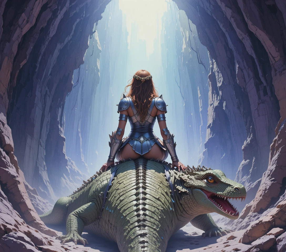 Armored warrior woman standing over a golden reptilian monster