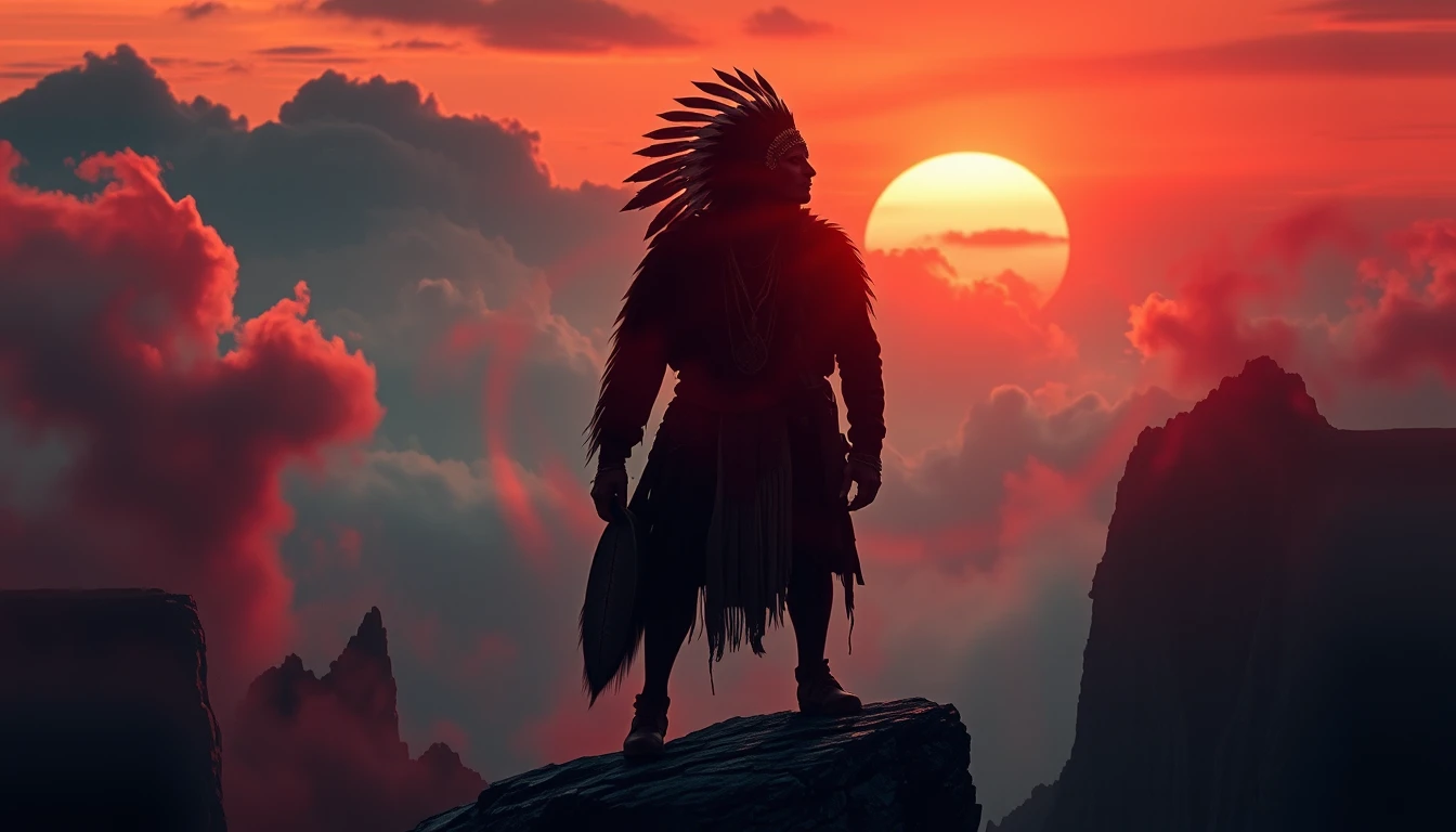 Portrait surréaliste de chaman avec silhouette de loup sur une falaise brumeuse